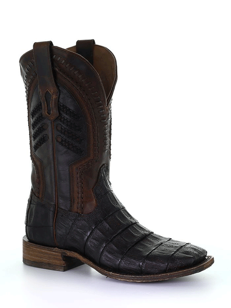 Corral A3878 Mens Embroidery And Woven Square Toe Caiman Boot Oil Brown front and side view. If you need any assistance with this item or the purchase of this item please call us at five six one seven four eight eight eight zero one Monday through Saturday 10:00a.m EST to 8:00 p.m EST