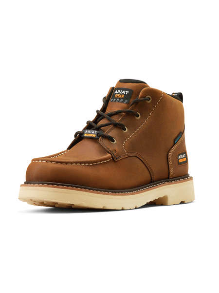 Ariat 10050846 Mens Rebar Lift Chukka Waterproof Work Boot Distressed Brown front and side view. If you need any assistance with this item or the purchase of this item please call us at five six one seven four eight eight eight zero one Monday through Saturday 10:00a.m EST to 8:00 p.m EST