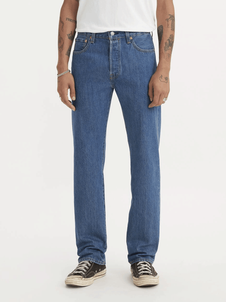 Levi’s 005010193 Mens 501 Original Fit Jeans Medium Stonewash front view. If you need any assistance with this item or the purchase of this item please call us at five six one seven four eight eight eight zero one Monday through Saturday 10:00a.m EST to 8:00 p.m EST