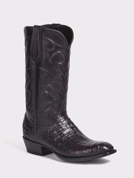 Lucchese M1637.14 Mens CHARLES Belly Caiman Boots Black Cherry front and outter side view. If you need any assistance with this item or the purchase of this item please call us at five six one seven four eight eight eight zero one Monday through Saturday 10:00a.m EST to 8:00 p.m EST