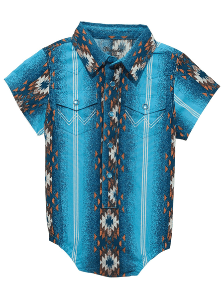 Wrangler 112365599 Infants Short Sleeve Checotah Bodysuit Sea Salt Blue front view. If you need any assistance with this item or the purchase of this item please call us at five six one seven four eight eight eight zero one Monday through Saturday 10:00a.m EST to 8:00 p.m EST