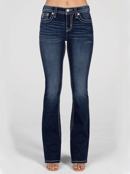 Miss Me M3080B53 Womens Mid-Rise Embroidered Wing Bootcut Jeans Dark Blue front view. If you need any assistance with this item or the purchase of this item please call us at five six one seven four eight eight eight zero one Monday through Saturday 10:00a.m EST to 8:00 p.m EST