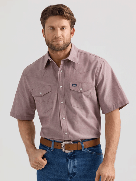 Wrangler 112359545 Mens Cowboy Cut Short Sleeve Classic Work Western Workshirt Brown front view. If you need any assistance with this item or the purchase of this item please call us at five six one seven four eight eight eight zero one Monday through Saturday 10:00a.m EST to 8:00 p.m EST