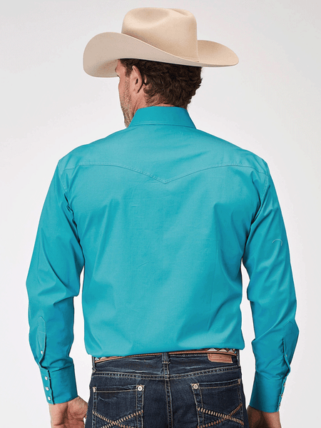 Roper 03-001-0265-2106 Mens Long Sleeve Snap Solid Poplin Shirt Turquoise back view. If you need any assistance with this item or the purchase of this item please call us at five six one seven four eight eight eight zero one Monday through Saturday 10:00a.m EST to 8:00 p.m EST