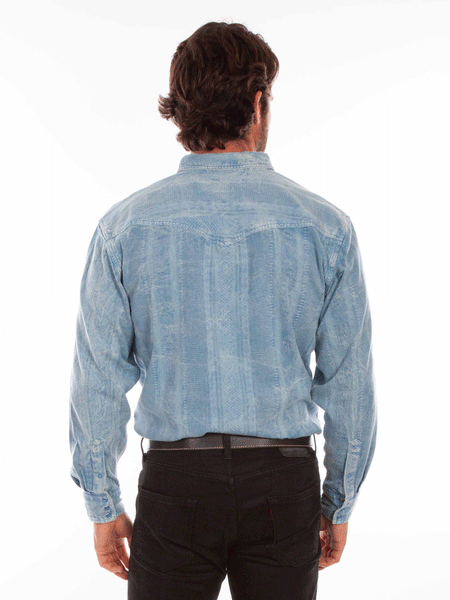 Scully PS-321-LBL Mens Overdyed Signature Shirt Light Blue back view. If you need any assistance with this item or the purchase of this item please call us at five six one seven four eight eight eight zero one Monday through Saturday 10:00a.m EST to 8:00 p.m EST