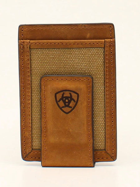 Ariat A3542044 Mens Canvas Bifold Money Clip Medium Brown front view. If you need any assistance with this item or the purchase of this item please call us at five six one seven four eight eight eight zero one Monday through Saturday 10:00a.m EST to 8:00 p.m EST