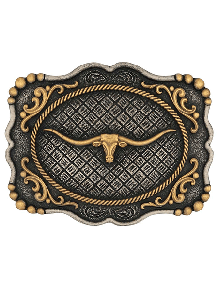 Montana Silversmiths A1003P Framed Longhorn Attitude Buckle Antique Silver front view. If you need any assistance with this item or the purchase of this item please call us at five six one seven four eight eight eight zero one Monday through Saturday 10:00a.m EST to 8:00 p.m EST