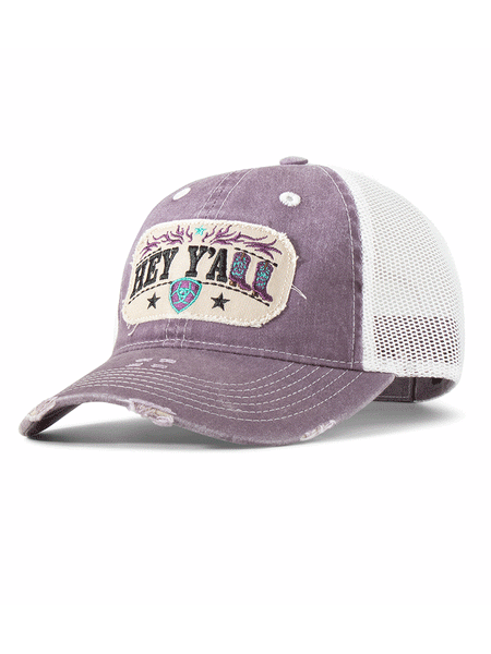 Ariat A300084878 Womens Hey Y'all Distressed Patch Cap Dark Purple front and side view. If you need any assistance with this item or the purchase of this item please call us at five six one seven four eight eight eight zero one Monday through Saturday 10:00a.m EST to 8:00 p.m EST