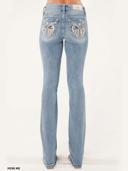 Miss Me M5082B192L Womens Mid Rise Bootcut Jeans Light Wash back view. If you need any assistance with this item or the purchase of this item please call us at five six one seven four eight eight eight zero one Monday through Saturday 10:00a.m EST to 8:00 p.m EST