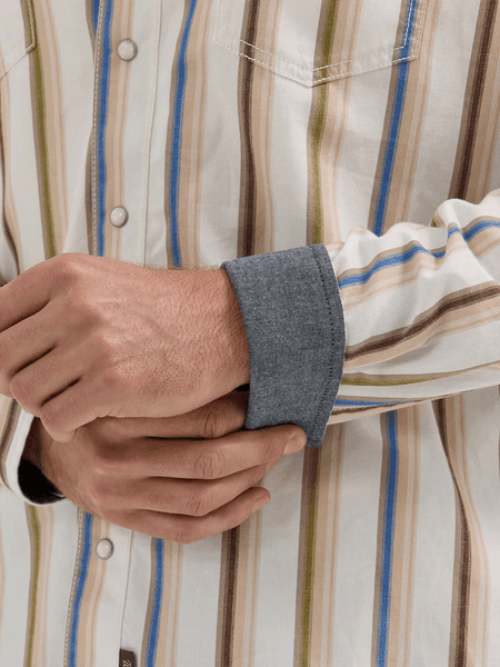 Wrangler 112365630 Mens Retro Premium Stripe Western Snap Shirt Natural cuff view. If you need any assistance with this item or the purchase of this item please call us at five six one seven four eight eight eight zero one Monday through Saturday 10:00a.m EST to 8:00 p.m EST