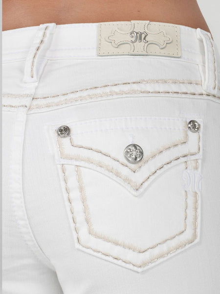 Miss Me M5014B400 Womens Mid-Rise Boot Jean White back pocket close up. If you need any assistance with this item or the purchase of this item please call us at five six one seven four eight eight eight zero one Monday through Saturday 10:00a.m EST to 8:00 p.m EST 