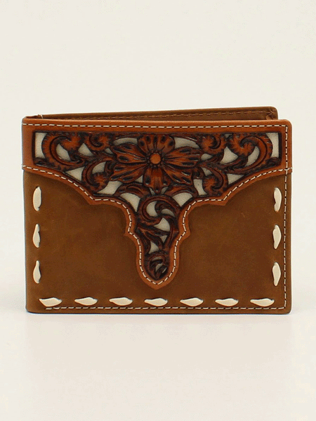 Ariat A3547344 Mens Bifold Removable Pass Case Overlay Stitch Medium Brown front view. If you need any assistance with this item or the purchase of this item please call us at five six one seven four eight eight eight zero one Monday through Saturday 10:00a.m EST to 8:00 p.m EST