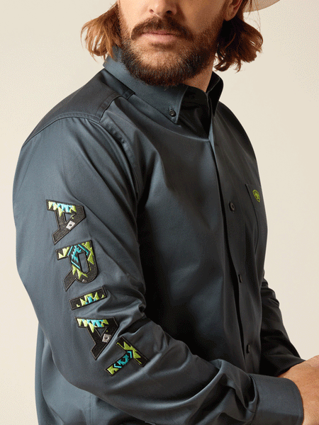 Ariat 10048718 Mens Team Logo Twill Fitted Shirt Dark Grey arm embroidery close up view. If you need any assistance with this item or the purchase of this item please call us at five six one seven four eight eight eight zero one Monday through Saturday 10:00a.m EST to 8:00 p.m EST