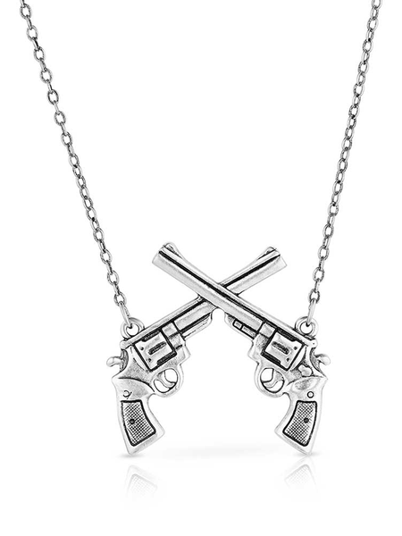 Montana Silversmiths NC5879 Womens Crossed Pistols Pendant Necklace Silver front view. If you need any assistance with this item or the purchase of this item please call us at five six one seven four eight eight eight zero one Monday through Saturday 10:00a.m EST to 8:00 p.m EST