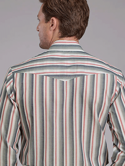 Roper 01-001-0044-0339 Mens Long Sleeve Stripe Shirt Multicolor back view. If you need any assistance with this item or the purchase of this item please call us at five six one seven four eight eight eight zero one Monday through Saturday 10:00a.m EST to 8:00 p.m EST