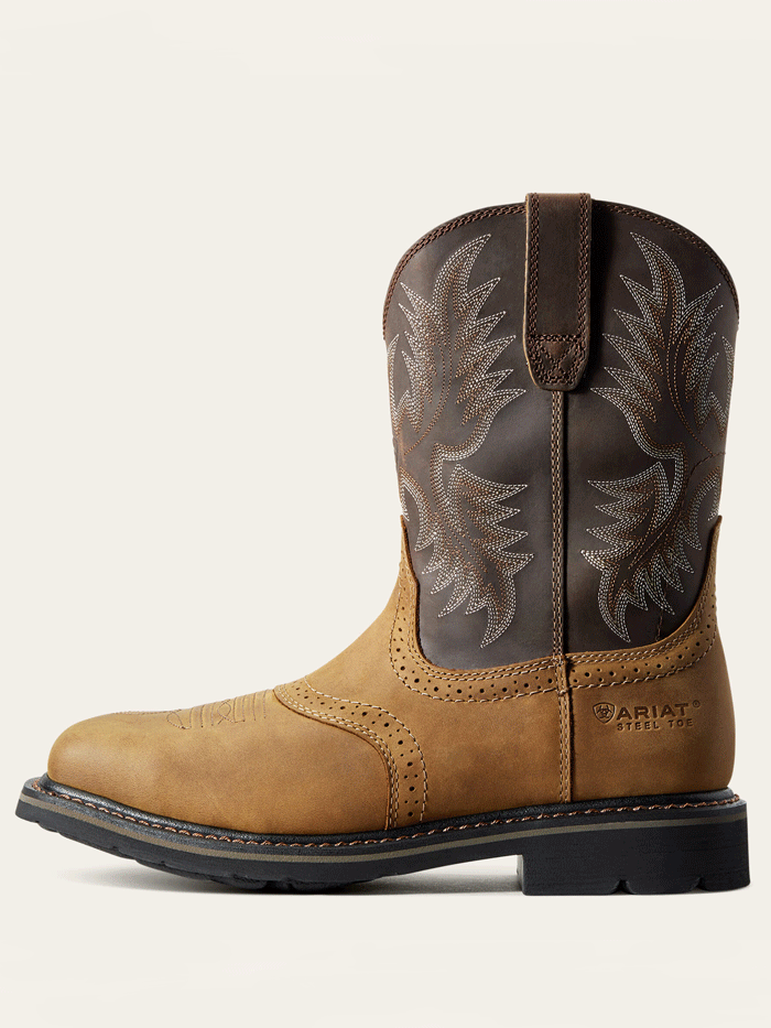 Ariat 10010134 Mens Sierra Wide Square Toe Steel Toe Work Boot Aged Bark Tan front and side view. If you need any assistance with this item or the purchase of this item please call us at five six one seven four eight eight eight zero one Monday through Saturday 10:00a.m EST to 8:00 p.m EST