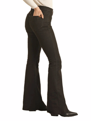 Rock & Roll Denim BW6PD02928 Womens Reversible Button Flare Pant Black side view. If you need any assistance with this item or the purchase of this item please call us at five six one seven four eight eight eight zero one Monday through Saturday 10:00a.m EST to 8:00 p.m EST