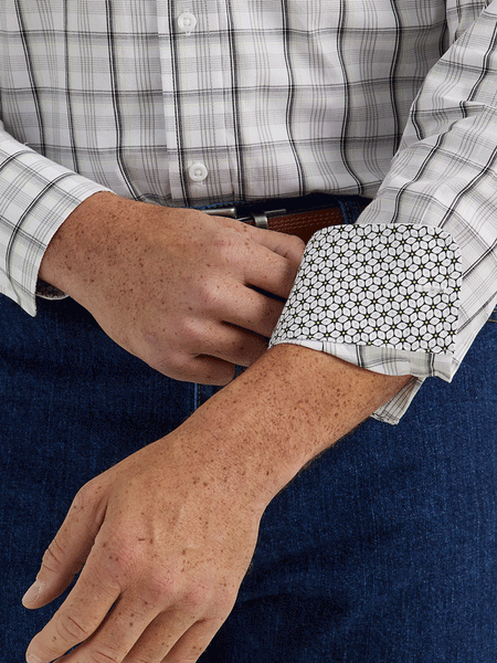 Wrangler 112344886 Mens George Strait Collection Long Sleeve Shirt Moon Gray Plaid contrast cuff close up view. If you need any assistance with this item or the purchase of this item please call us at five six one seven four eight eight eight zero one Monday through Saturday 10:00a.m EST to 8:00 p.m EST