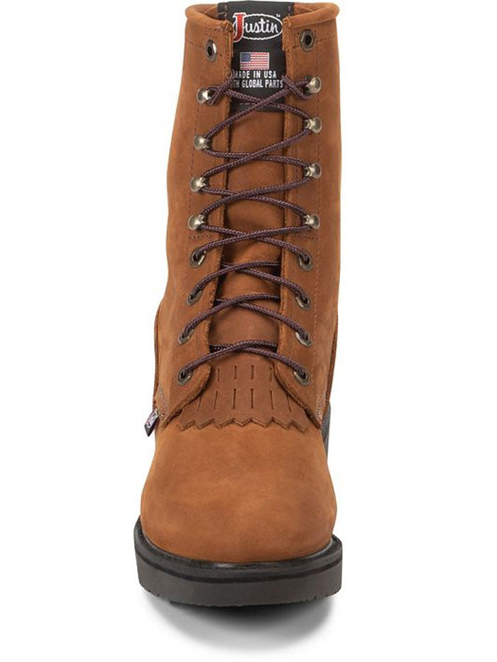 Justin 760 Mens CONDUCTOR 8" Lace Up Work Boot Hazel Brown front and inner side view pair. If you need any assistance with this item or the purchase of this item please call us at five six one seven four eight eight eight zero one Monday through Saturday 10:00a.m EST to 8:00 p.m EST