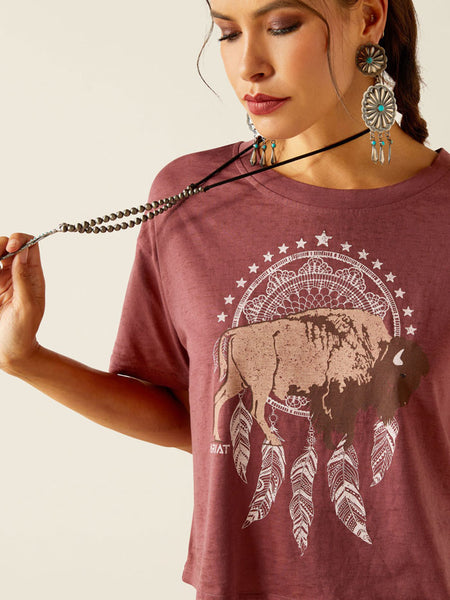 Ariat 10051310 Womens Buffalo Territory T-Shirt Wild Ginger Burgundy front close up. If you need any assistance with this item or the purchase of this item please call us at five six one seven four eight eight eight zero one Monday through Saturday 10:00a.m EST to 8:00 p.m EST