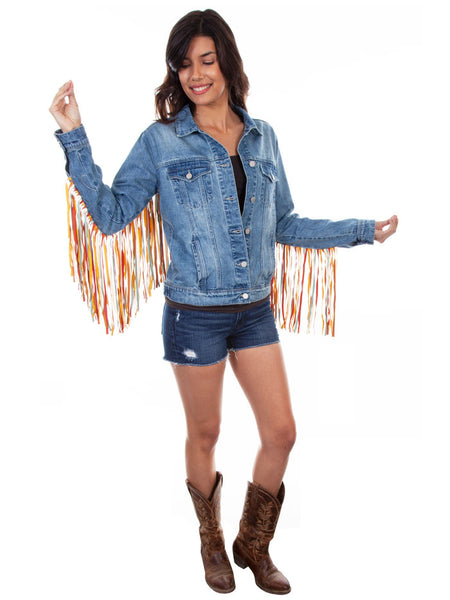 Scully HC599-DEN Womens Fringe Denim Western Jacket Blue front view. If you need any assistance with this item or the purchase of this item please call us at five six one seven four eight eight eight zero one Monday through Saturday 10:00a.m EST to 8:00 p.m EST