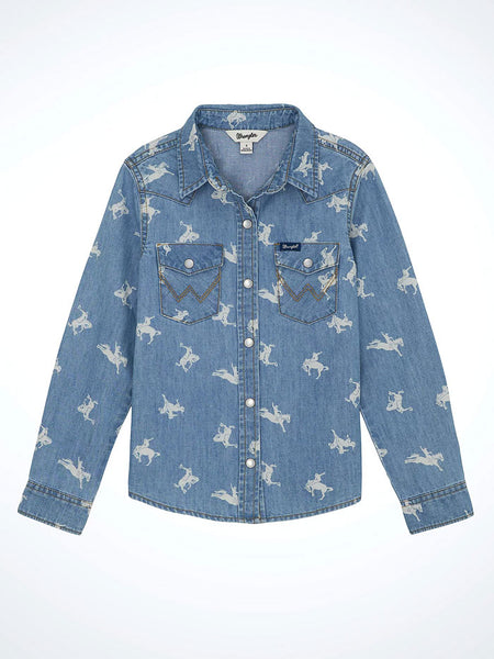Wrangler 112359421 Girls Printed Denim Western Snap Shirt Blue front view. If you need any assistance with this item or the purchase of this item please call us at five six one seven four eight eight eight zero one Monday through Saturday 10:00a.m EST to 8:00 p.m EST