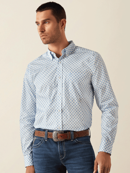 Ariat 10054662 Mens Wrinkle Free Booker Fitted Shirt Blue front view. If you need any assistance with this item or the purchase of this item please call us at five six one seven four eight eight eight zero one Monday through Saturday 10:00a.m EST to 8:00 p.m EST