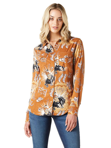 Wrangler 112336515 Womens Retro Punchy Shirt Tan front view. If you need any assistance with this item or the purchase of this item please call us at five six one seven four eight eight eight zero one Monday through Saturday 10:00a.m EST to 8:00 p.m EST