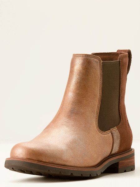 Ariat 10053727 Womens Wexford Chelsea Ankle Boot Metallic Pearl Polo Brown front and side view. If you need any assistance with this item or the purchase of this item please call us at five six one seven four eight eight eight zero one Monday through Saturday 10:00a.m EST to 8:00 p.m EST