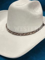 Bullhide CATTLE TOWN 0683W Faux Felt Western Hat White front band close up. If you need any assistance with this item or the purchase of this item please call us at five six one seven four eight eight eight zero one Monday through Saturday 10:00a.m EST to 8:00 p.m EST
