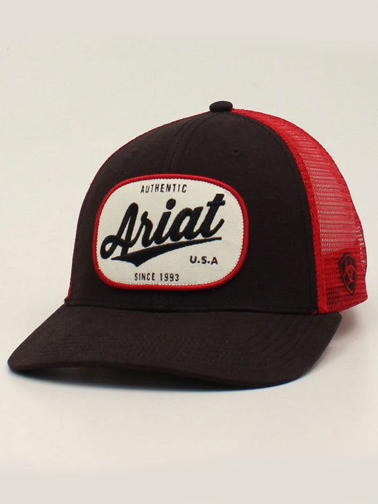 Ariat A300013204 Oval Logo Cap Red And Black front side view. If you need any assistance with this item or the purchase of this item please call us at five six one seven four eight eight eight zero one Monday through Saturday 10:00a.m EST to 8:00 p.m EST