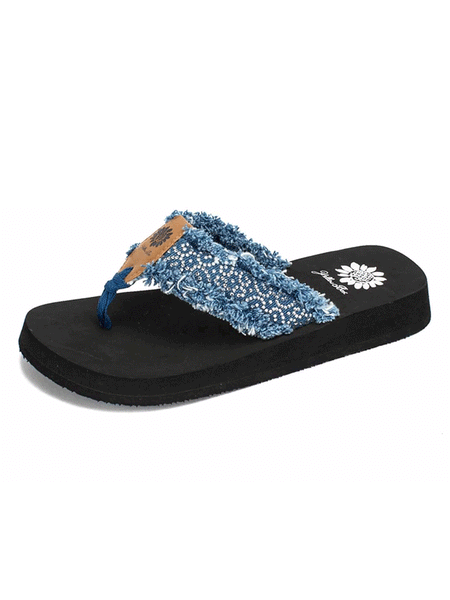Yellow Box 52352 Womens Foseta Flip Flop Sandals Denim side and front view. If you need any assistance with this item or the purchase of this item please call us at five six one seven four eight eight eight zero one Monday through Saturday 10:00a.m EST to 8:00 p.m EST