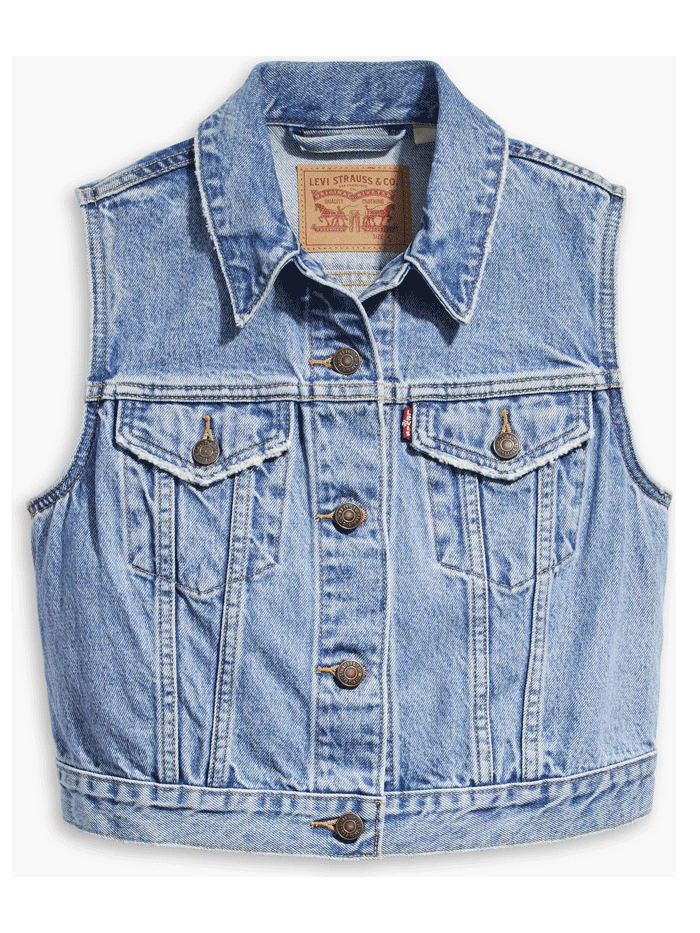 Levis A74370000 Womens XS Vest With Waistband Medium Wash Denim front view on model. If you need any assistance with this item or the purchase of this item please call us at five six one seven four eight eight eight zero one Monday through Saturday 10:00a.m EST to 8:00 p.m EST