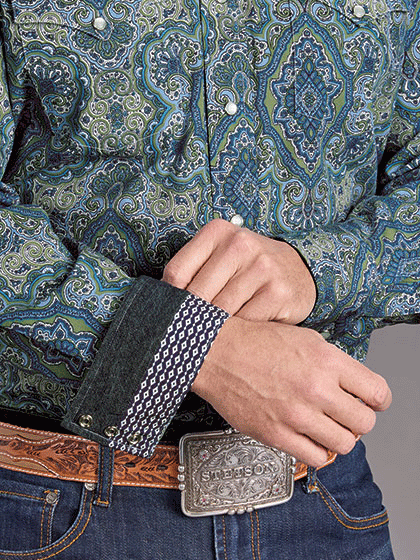 Stetson 11-001-0425-2060 Mens Paisley Print Western Shirt Blue cuff view. If you need any assistance with this item or the purchase of this item please call us at five six one seven four eight eight eight zero one Monday through Saturday 10:00a.m EST to 8:00 p.m EST