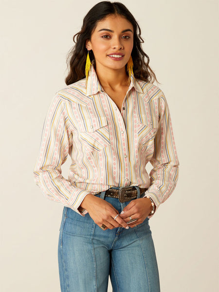 Ariat 10054777 Womens Alyssa Snap Shirt Carnation Dobby Pink front view. If you need any assistance with this item or the purchase of this item please call us at five six one seven four eight eight eight zero one Monday through Saturday 10:00a.m EST to 8:00 p.m EST