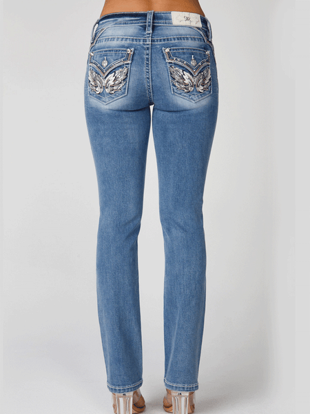 Miss Me M3080B72L Womens Mid Rise Slim Fit Boot Jean Medium Blue back view. If you need any assistance with this item or the purchase of this item please call us at five six one seven four eight eight eight zero one Monday through Saturday 10:00a.m EST to 8:00 p.m EST