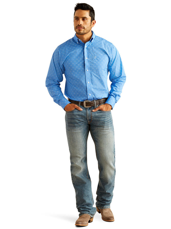 Ariat 10048364 Mens Wrinkle Free Russel Fitted Shirt Regatta front view. If you need any assistance with this item or the purchase of this item please call us at five six one seven four eight eight eight zero one Monday through Saturday 10:00a.m EST to 8:00 p.m EST