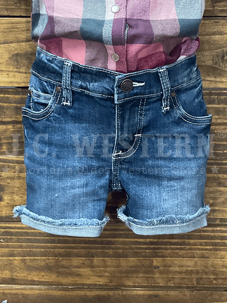 Wrangler 1009GWHUE Kids Girls Jean Shorts Denim Stonewash front view on mannequin. If you need any assistance with this item or the purchase of this item please call us at five six one seven four eight eight eight zero one Monday through Saturday 10:00a.m EST to 8:00 p.m EST