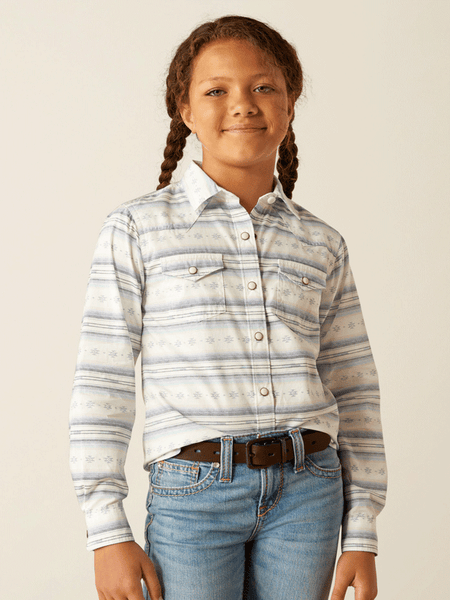 Ariat 10055292 Kids Alyssa Shirt Geo Stream Serape Light Blue front view. If you need any assistance with this item or the purchase of this item please call us at five six one seven four eight eight eight zero one Monday through Saturday 10:00a.m EST to 8:00 p.m EST
