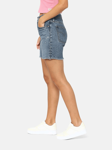 Levi's 858330058 Womens 501 Mid Thigh Denim Short Sure Time Flies side view. If you need any assistance with this item or the purchase of this item please call us at five six one seven four eight eight eight zero one Monday through Saturday 10:00a.m EST to 8:00 p.m EST