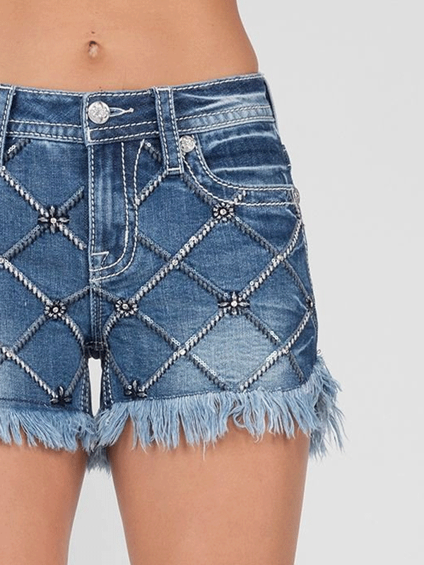 Miss Me M9276H Womens Mid Rise Latticework Embroidered Shorts Denim Blue front view. If you need any assistance with this item or the purchase of this item please call us at five six one seven four eight eight eight zero one Monday through Saturday 10:00a.m EST to 8:00 p.m EST