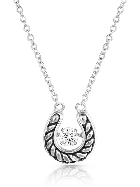 Montana Silversmiths NC5463 Womens Lucky Dancing Crystal Horseshoe Necklace Silver front view. If you need any assistance with this item or the purchase of this item please call us at five six one seven four eight eight eight zero one Monday through Saturday 10:00a.m EST to 8:00 p.m EST