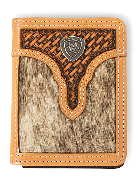 Ariat A3561848 Mens Calf Hair Basket Weave Bifold Wallet Natural front view. If you need any assistance with this item or the purchase of this item please call us at five six one seven four eight eight eight zero one Monday through Saturday 10:00a.m EST to 8:00 p.m EST