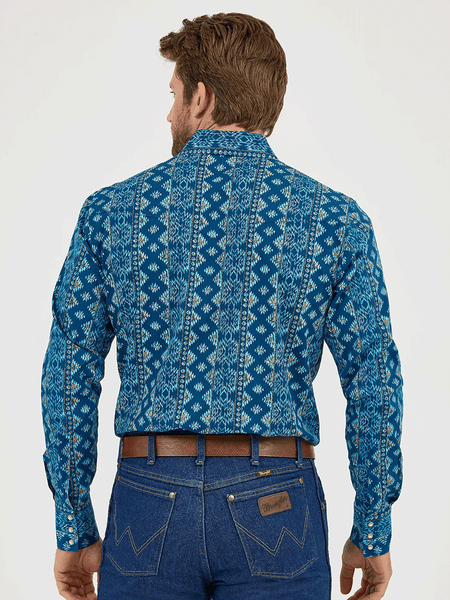 Wrangler 112359440 Mens Checotah Long Sleeve Western Shirt Deep Lake Blue back view. If you need any assistance with this item or the purchase of this item please call us at five six one seven four eight eight eight zero one Monday through Saturday 10:00a.m EST to 8:00 p.m EST