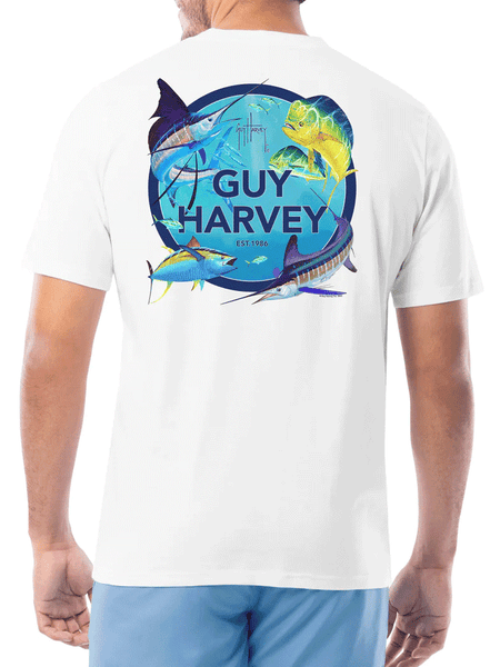 Guy Harvey GHV56000-WHT Mens Collage Short Sleeve T-Shirt White back. If you need any assistance with this item or the purchase of this item please call us at five six one seven four eight eight eight zero one Monday through Saturday 10:00a.m EST to 8:00 p.m EST
