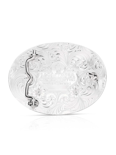 Montana Silversmiths AM53100-731M American Made Freedom Buckle with Christian Cowboy Silver back view. If you need any assistance with this item or the purchase of this item please call us at five six one seven four eight eight eight zero one Monday through Saturday 10:00a.m EST to 8:00 p.m EST