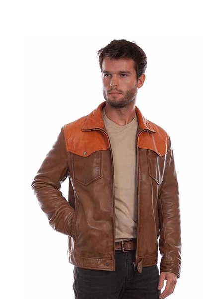 Scully 2018-15 Mens Contrast Leather Jacket Saddle Tan front view. If you need any assistance with this item or the purchase of this item please call us at five six one seven four eight eight eight zero one Monday through Saturday 10:00a.m EST to 8:00 p.m EST