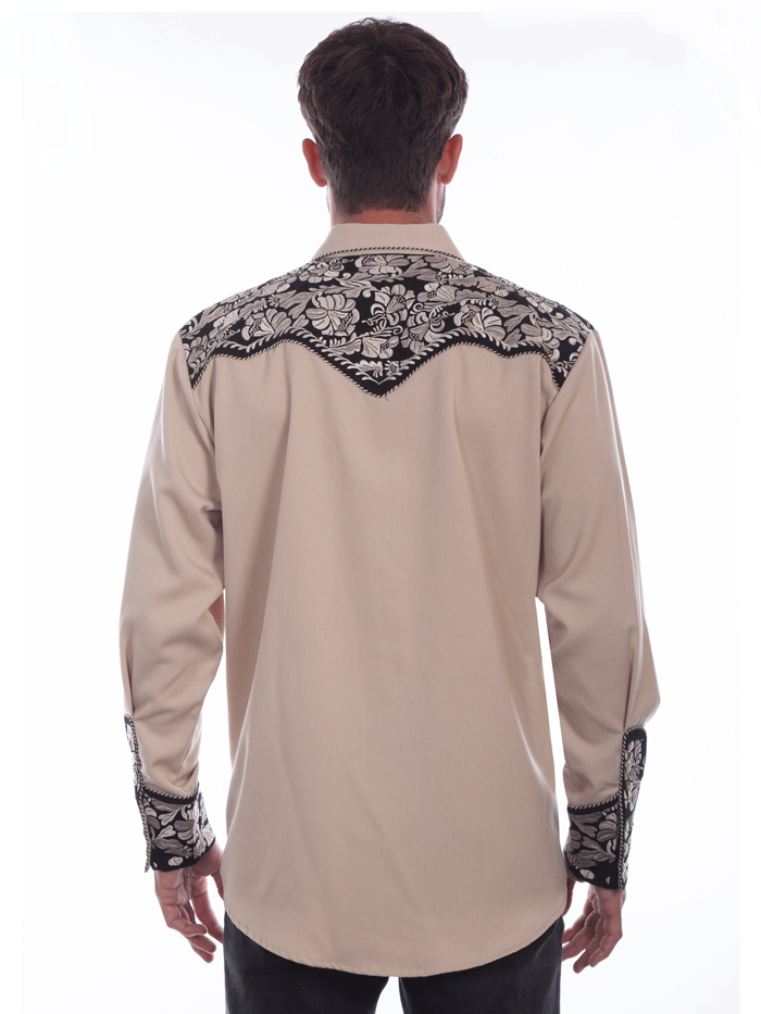 Scully P-634-TAN Mens Floral Tooled Embroidery Western Shirt Tan front view. If you need any assistance with this item or the purchase of this item please call us at five six one seven four eight eight eight zero one Monday through Saturday 10:00a.m EST to 8:00 p.m EST