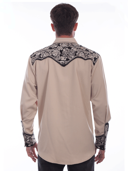 Scully Floral Tooled Embroidery - Men's Western Shirt (Tan/Black)