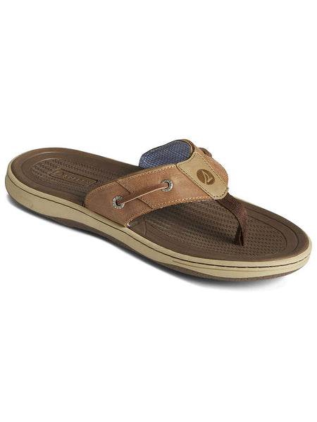 Sperry 1048719 Mens Baitfish Flip Flops Tan front and side view. If you need any assistance with this item or the purchase of this item please call us at five six one seven four eight eight eight zero one Monday through Saturday 10:00a.m EST to 8:00 p.m EST